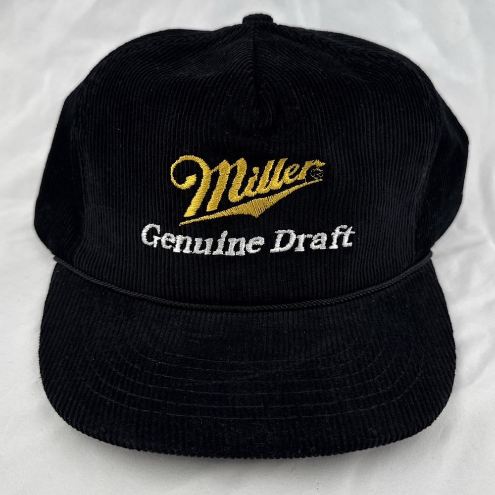 Vintage 90s Miller Genuine Draft Corduroy Snapback Hat Black Beer Cap